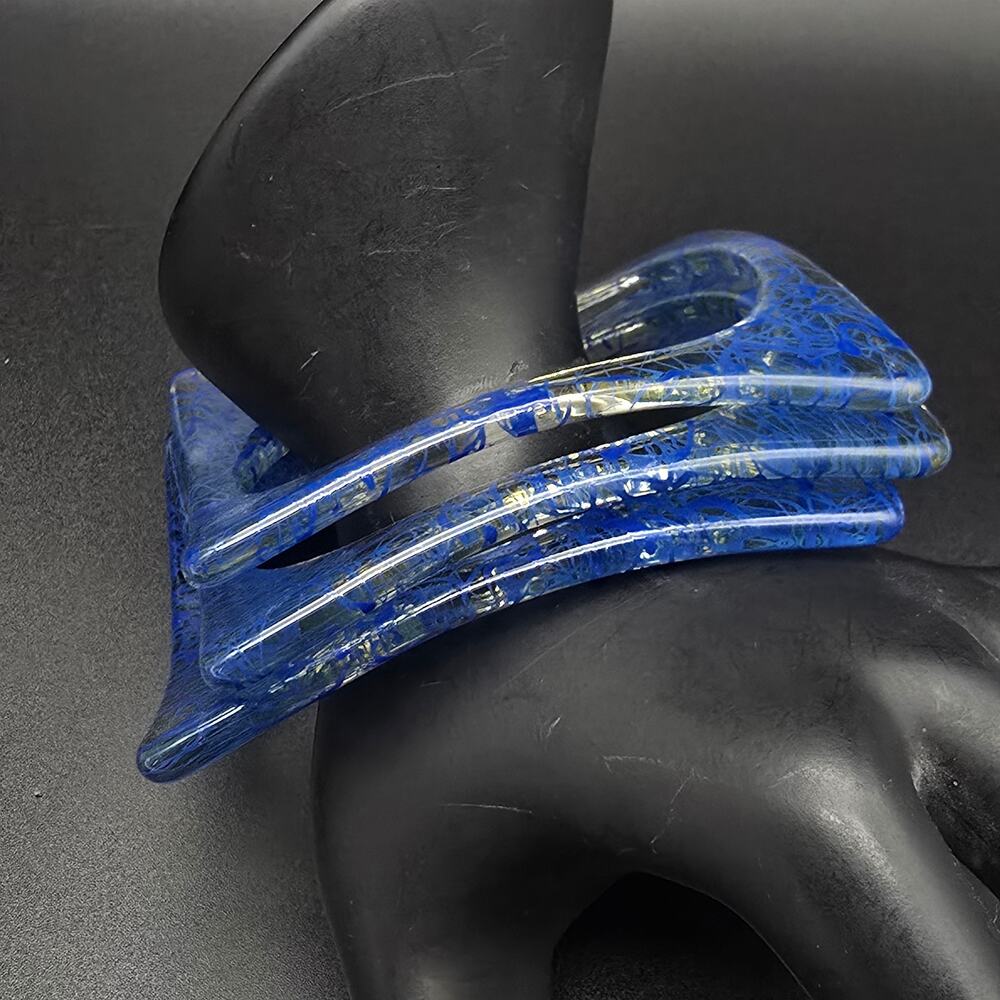 Blue Marbled Spiral Bangle Bracelets Curved Stack Acrylic 1980s Style